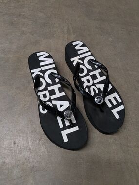 Michael Kors Black White Logo Jelly Flip Flops